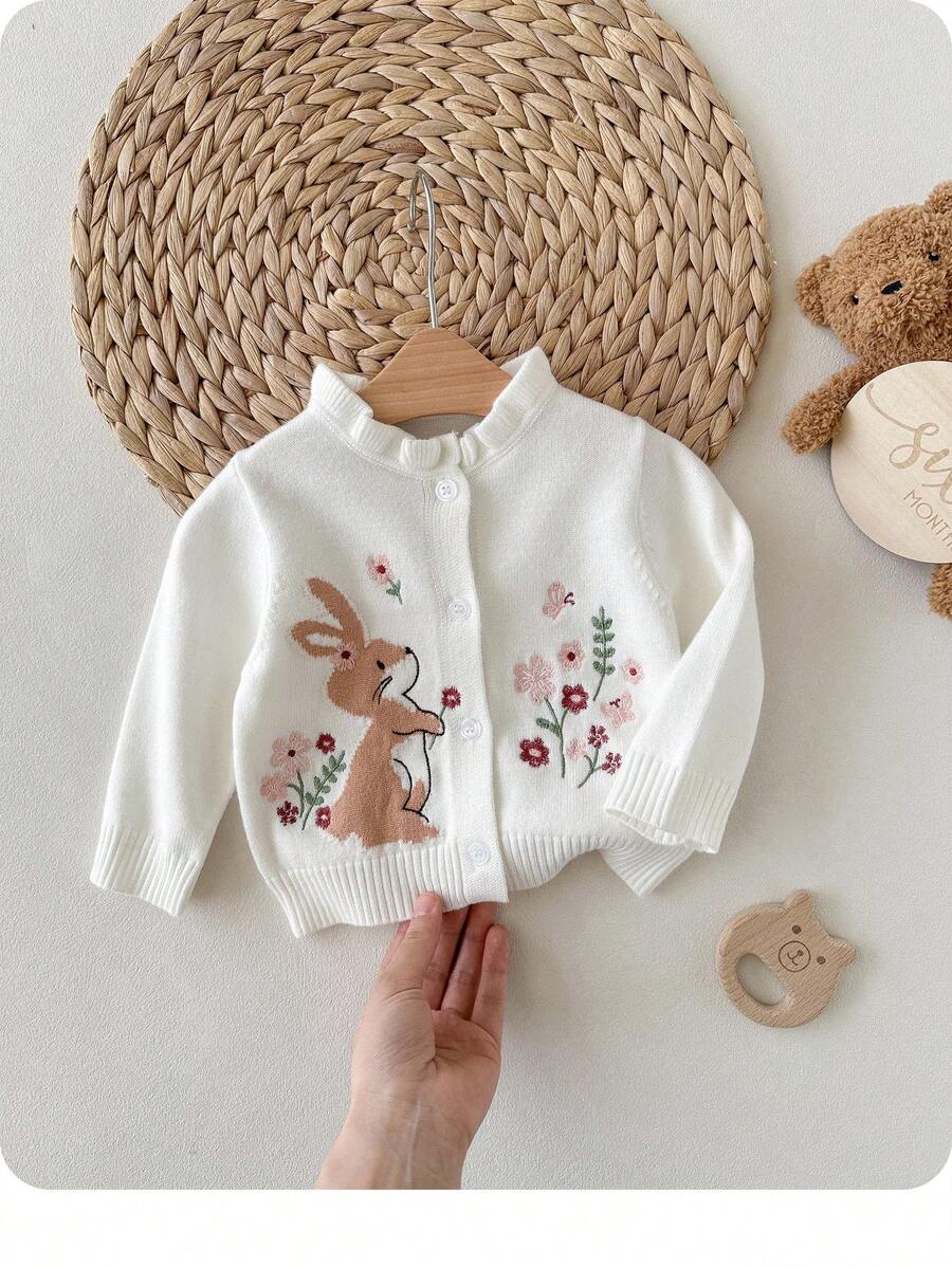 SHEIN Cardigan a maglia a manica lunga con bottoni singoli, con ricamo di conigli cartoni animati e fiori, con volant, per neonata
