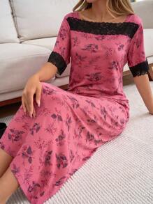 SHEIN Cottnline Women Cotton Floral Pattern With Contrast Colour Lace Detail Nightdress - Pink - View 3