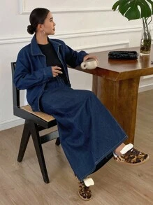 DAZY Women's Casual Hem Drawstring Loose Long Dress & Denim Suit - Blue - View 5