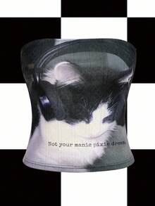 Y2Kool BiGraphic 黑白、猫咪、生活、逼真、纹理、女士修身抹胸上衣、适合夏季、度假、聚会、派对、日常休闲穿着 - 彩色 - 查看 5