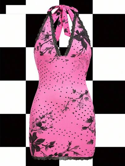 Y2Kool Warp Atelie Vestido gráfico de mujer con escote de halter en V, de estilo casual, apropiado para verano, vacaciones, fiestas, reuniones y uso diario, en colores rosa, negro, contrastantes, con encaje, lunares, estampado floral y estilo Y2K