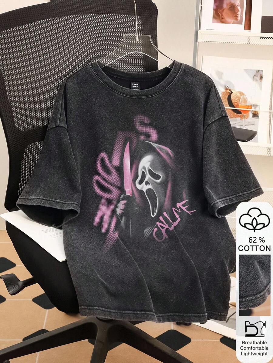 SHEIN EZwear Luźna, minimalistyczna koszulka damska z krótkim rękawem i nadrukiem w kształcie czaszki Scream w kolorze czarnym, dzianinowa, luźna, odpowiednia na lato