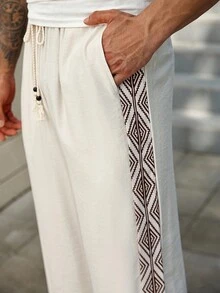 Manfinity Homme Pantaloni dritti casual da uomo taglie forti con stampa geometrica e patchwork, adatti per l'autunno - Albicocca - Visualizzare 5