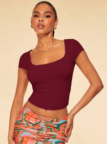 SHEIN BAE Áo thun nữ cổ vuông tay ngắn ôm vừa vặn - Màu Đỏ Sâu - Xem 5
