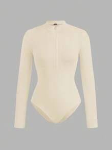 SHEIN EZwear 2 件女式黑色和杏色拉链高领紧身连体衣套装，休闲长袖，适合秋冬季 - 彩色 - 查看 9