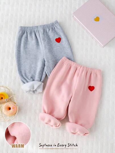 Cozy Pixies 2pcs Baby Girl Heart Pattern Knitted Soft Round Neck Elastic Waist Pants Set Fall Winter