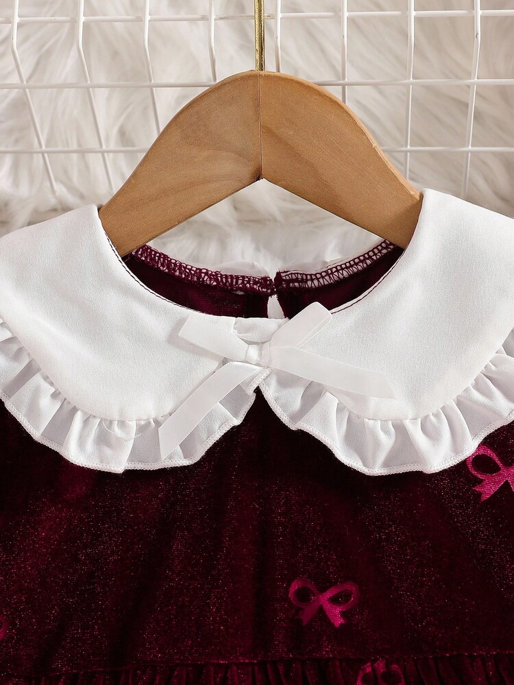 SHEIN Baby Girls' Doll Collar Ruffle Bow Puff Sleeve A-Line Dress. Doll Collar Design, Cute And Fashionable. 3D Bow And Puff Sleeves, Classic A-Line Silhouette, Exquisite And Elegant. Whether Taking Your Baby Out To Play Or Attending A Party, This Dress Will Make Your Baby The Center Of Attention. Fall Winter - Burgundy - View 4