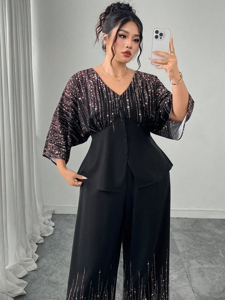 Modelyn 2pcs Plus Size Women Star Print Batwing Sleeve Top And Pants Set - Multicolor - View 4
