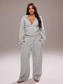 Rustia Plus Size Casual 2 Pieces Set: Long Sleeve Zip-Up Hoodie And Drawstring Pants Fall Cloth For Women CASUAL - Light Grey - View 3