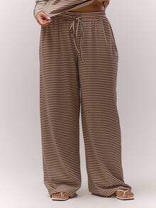 MUSERA Plus Wide Leg Baggy Drawstring Stripe Trousers Only Casual Cute Cosy   Night In - Multicolor - View 2