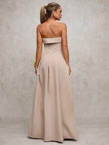 SHEIN BAE Women's Elegant Beige Tube Top Maxi Dress,Summer Dining Umbrella Skirt,Khaki Long Party Dresses For Women,Autumn Winter Christmas New Year Clothes - Khaki - View 2