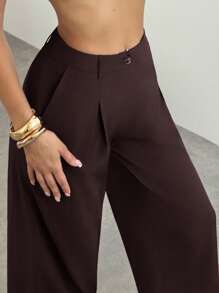 Firerie Women Elegant Mocha Brown Bamboo Textured Wide-Leg Comfortable High-Waisted Trousers/Pants,Graduation,Teacher Outfits For Women,Back To School,Elegant Going Out Tops,Back To School,Grunge Clothes, Fall Clothes Women,Teacher Outfits - Khaki - View 8