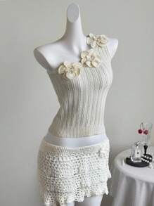 SHEIN Unity Y2K Hand Crochet Floral Textured Asymmetric Shoulder Knitted Top - Beige - View 1