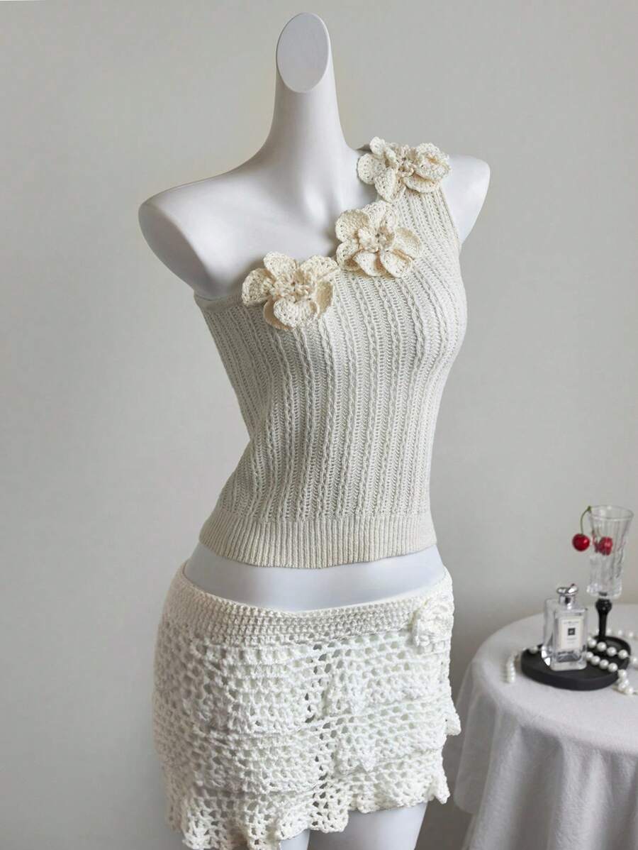 SHEIN Unity Y2K Hand Crochet Floral Textured Asymmetric Shoulder Knitted Top - Beige - View 1