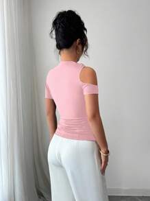 Selianne Tricou damă cu mânecă scurtă, culoare solidă, simplu, roz, de zi cu zi - Roz - Vizualizare 2