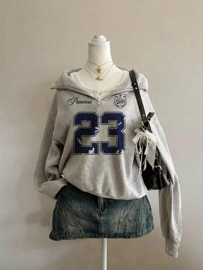 SHEIN EZwear 여성용 학교 복귀, 23 빈티지 패턴, 오프 숄더 티셔츠, 빈티지, 가을 의류, 휴가, 루즈핏 하프 집 하이 넥 플리스 후드 가을/겨울에 적합