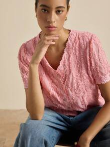 Airaco Blusa de mujer con diseño dulce y estilizador, de manga corta con ribete de encaje - Rosa - Ver 5