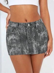 SHEIN ICON 夏季时尚性感水洗做旧修身迷你牛仔裙 - 彩色 - 查看 4