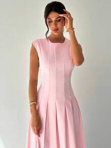 Firerie 女士优雅精致浪漫日常度假约会派对珍珠腰褶皱A字中长连衣裙，带短袖，粉色 - 粉色 - 查看 5