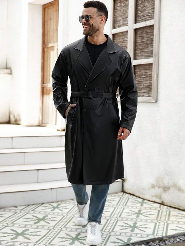 ResortEase Men Plus Size Solid Color Lapel Neck Long Sleeve Double-Breasted Casual Windbreaker Jacket,Fall