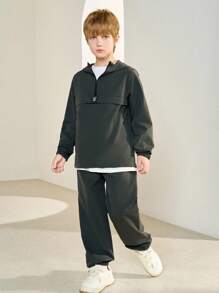 SHEIN 2pcs Tween Boy Half Zip Hoodie Jacket & Jogger Pants Set, Casual Sports Style For Fall/Winter