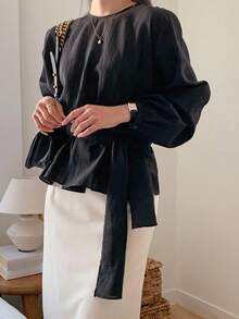 DAZY 女式系腰宽松套头长袖衬衫秋季上衣 - 黑色 - 查看 4