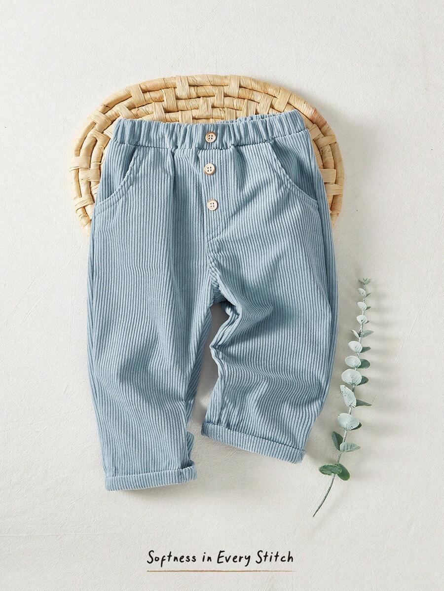 Cozy Pixies Baby Boy Elastic Waist Casual Pants With Decorative Buttons - Blue - View 1