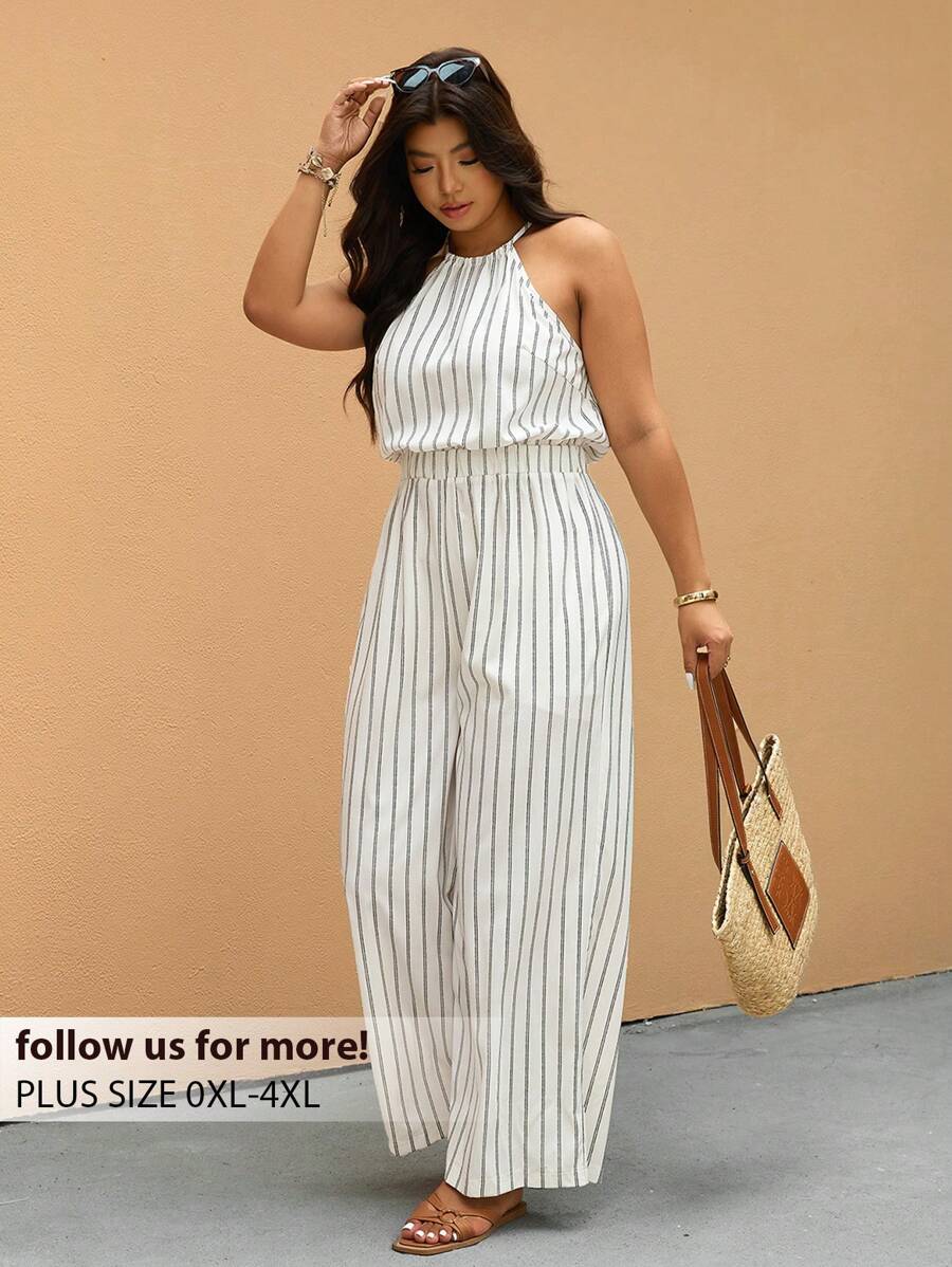Elaquor Plus Size Striped Print Halter Neck Sleeveless Jumpsuit, Casual Summer