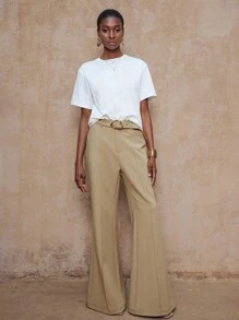 Lumalex VITNOS 秋冬新款高端优雅女装优雅卡其色舒适百搭金属装饰腰带设计宽松喇叭腿裤，配有腰带秋季商务休闲女士适合音乐会、约会、婚礼、派对、生日、夜间外出