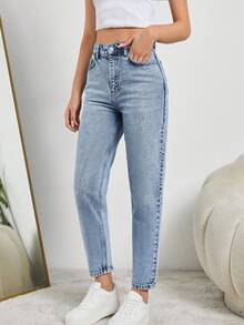 SHEIN Tall 妈妈款高腰浅蓝色高腰牛仔裤 - 中等水洗藍 - 查看 3