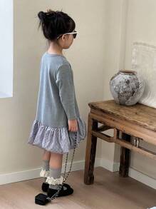 SHEIN Girls' Autumn Gray Minimalist Round Neck Solid Color Long Sleeve Dress, Suitable For Outings, Casual Wear And School - Grey - View 2