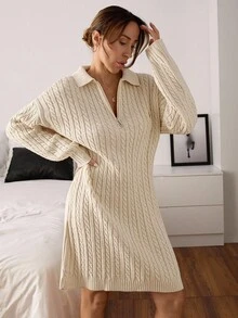 EURMUSE Cream Cable Knit Mini Dress With Polo Embroidery And Balloon Sleeves - Cream - View 4