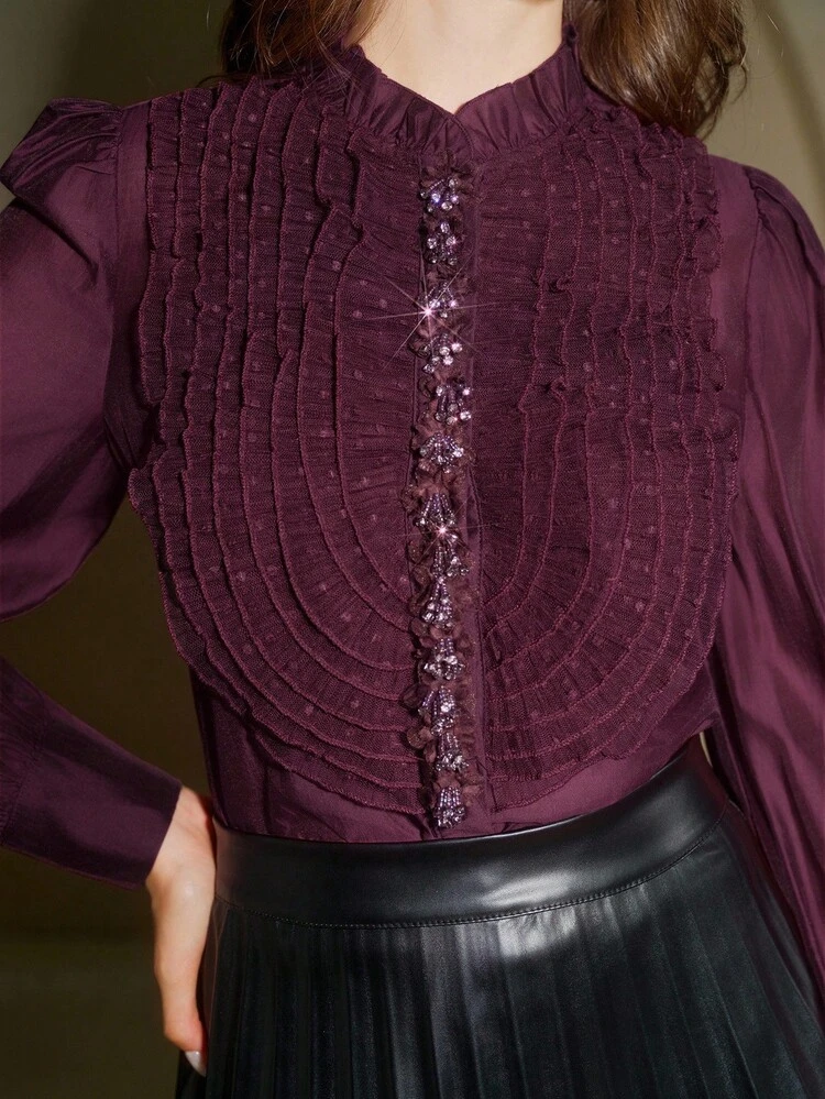 Women's Elegant Party Ruffle Collar Lace 3D Flower Blouse, Suitable For Spring, Autumn, Winter, Elegant, Chic, New Year, Casual, Christmas