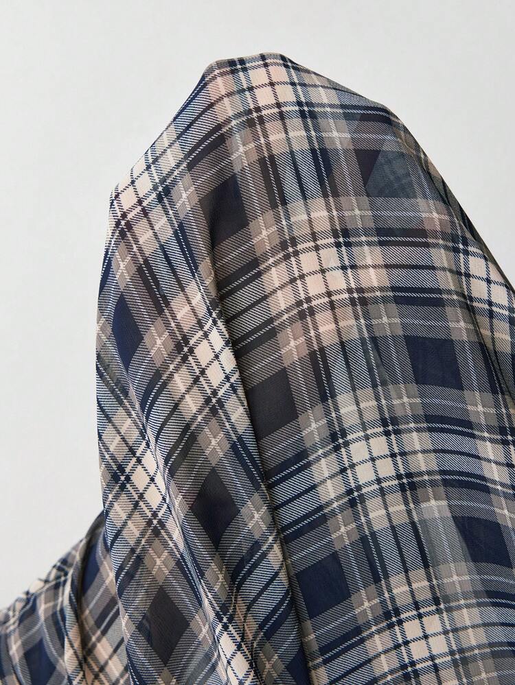 SHEIN Maija Chemise longue décontracté à manches longues, à carreaux, à simple boutonnage avec poche pour femmes