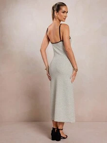 L'Amorae Women Striped Color Block Knit Midi Length Dress, Old Money Vacation Business Casual - Black and White - View 5