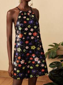 Travachic Robe d'été à col ras-du-cou avec fleurs et paillettes pour femmes
