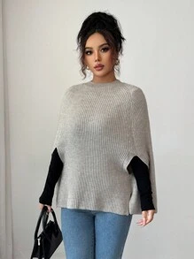 SHEIN Clasi Women's Light Beige Batwing Poncho Sweater,Elegant Office Round Neck Sleeveless Knit Pullover Top,Casual Vintage Stockholm Style For Autumn/Winter - Apricot - View 4