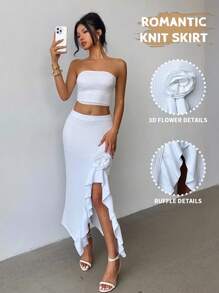 Elenzga 浪漫优雅荷叶边花卉开衩白色针织裙 - 白色 - 查看 3