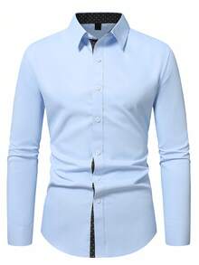 Calvornis Men's Casual Commuter Colorblock Patchwork Long Sleeve Shirt, For Fall - Blue - View 3