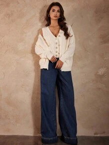 Rafferiza French Elegant Gold Button V-Neck Long Sleeve Cardigan And Vest Set,Cream White 2 Pieces Knit Sweater Jacket For Women,Autumn Casual Brunch Outfits - Apricot - View 7