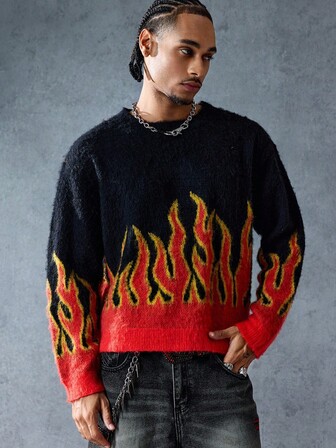 Street Life Men's Crew Neck Flame Jacquard Knit Sweater, American Street Style , Fall Winter