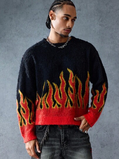 Street Life Men's Crew Neck Flame Jacquard Knit Sweater, American Street Style , Fall Winter