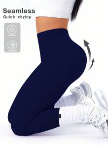 Easithlete Quần legging thể thao/yoga cạp cao liền mạch cho nữ màu trơn - Màu xanh hải quân - Xem 1