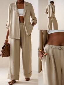 Zivah 2025秋冬新款学院风学生装日常街头基础百搭休闲度假街头风纹理面料皱布西装外套长款上衣和裤子阔腿裤带口袋腰带装饰长裤两件套杏色亚麻西装 - 杏色 - 查看 8