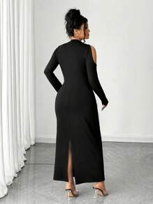 Elenzga 大码女士优雅连衣裙，设计精致 - 黑色 - 查看 3