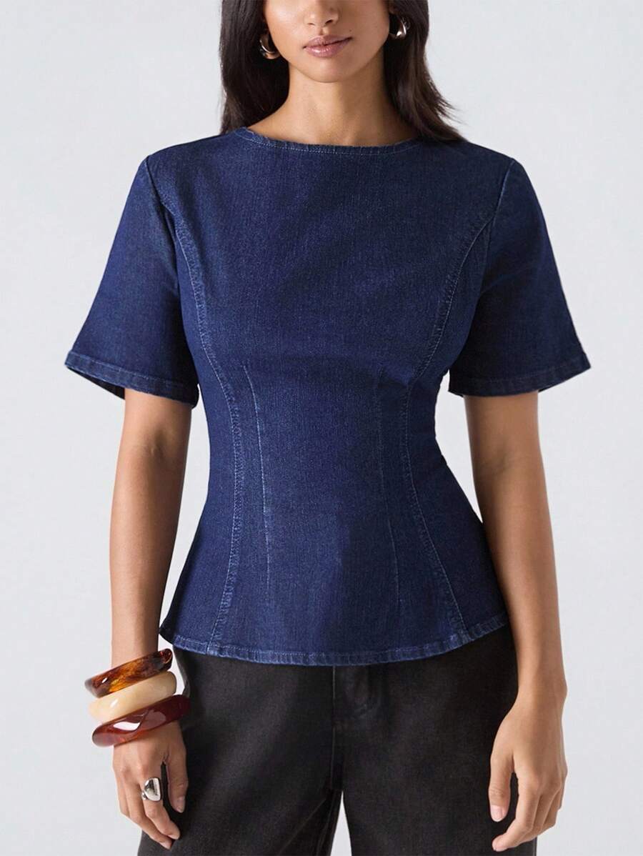 LYSMO 女士纯色圆领休闲短袖牛仔衬衫 - 藍色 - 查看 1