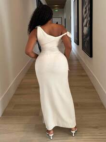 Alexandranx Women's Solid Asymmetric Neckline Ruched Elegant Long Dress,Rave Outfits Festival - Apricot - View 2