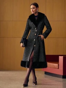MOTF PREMIUM WOOL CONTRAST FUZZY TRIM BELTED OVERCOAT, AUTUMN/WINTER - Black - View 5