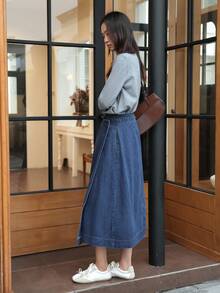 K-Vae Women's Autumn And Winter Dark Blue Wrap-Around Denim Skirt, Old Money Style Denim Skirt, Simple Style Daily Teacher's Uniform,Alloween Costumes,Chic Autumn