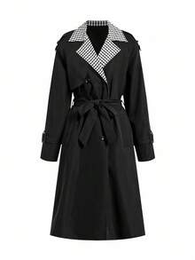 Ellevyn Women's Contrast Color Collar Raglan Sleeve Double-Breasted Belted Trench Coathalloween In Fall/Winter - Black and White - View 7